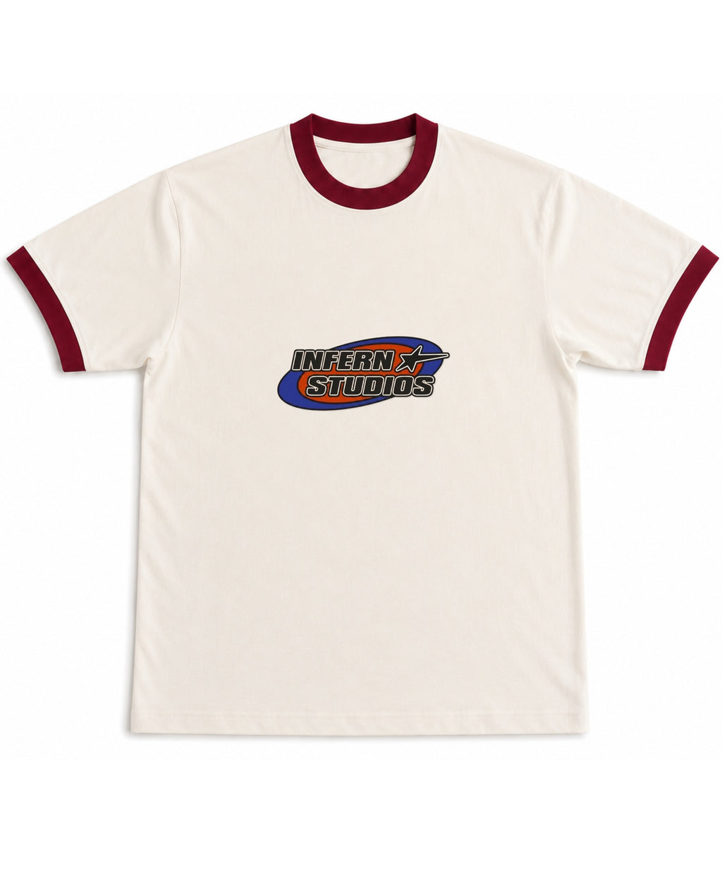 Off White & Maroon Ringer tee Front Design