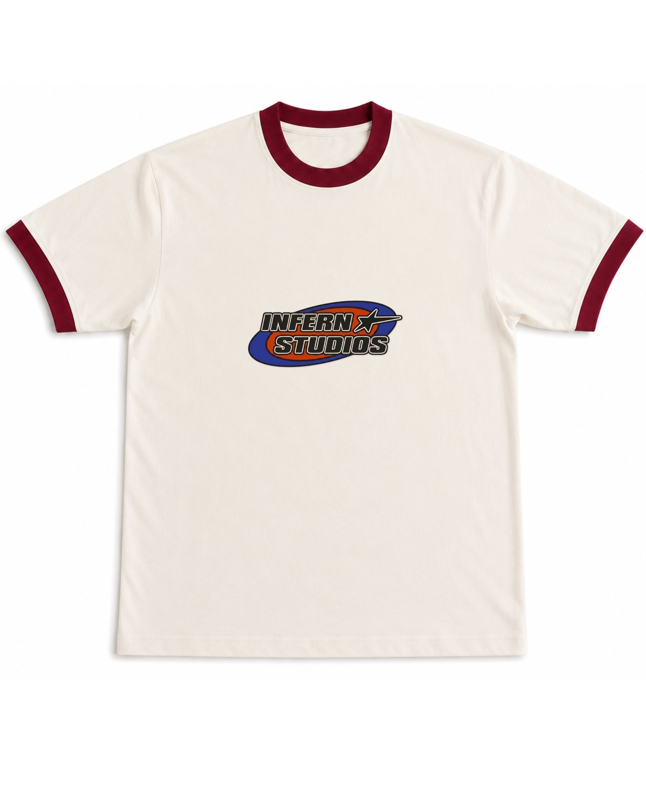 Off White & Maroon Ringer tee Front Design