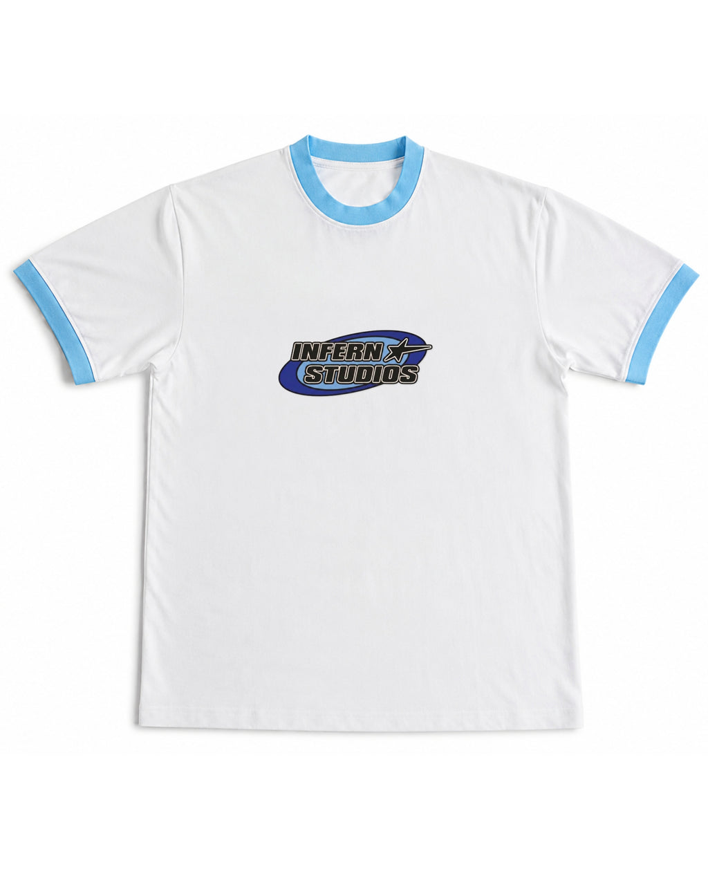 White & Sky Blue Ringer tee Front Design