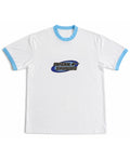 White & Sky Blue Ringer tee Front Design