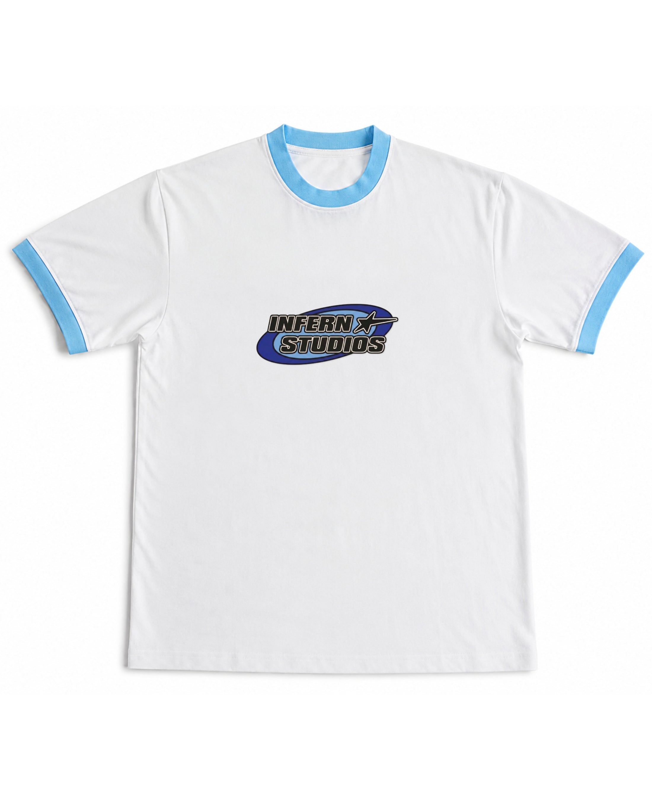 White & Sky Blue Ringer tee Front Design
