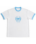 White & Sky Blue Ringer tee Front Design