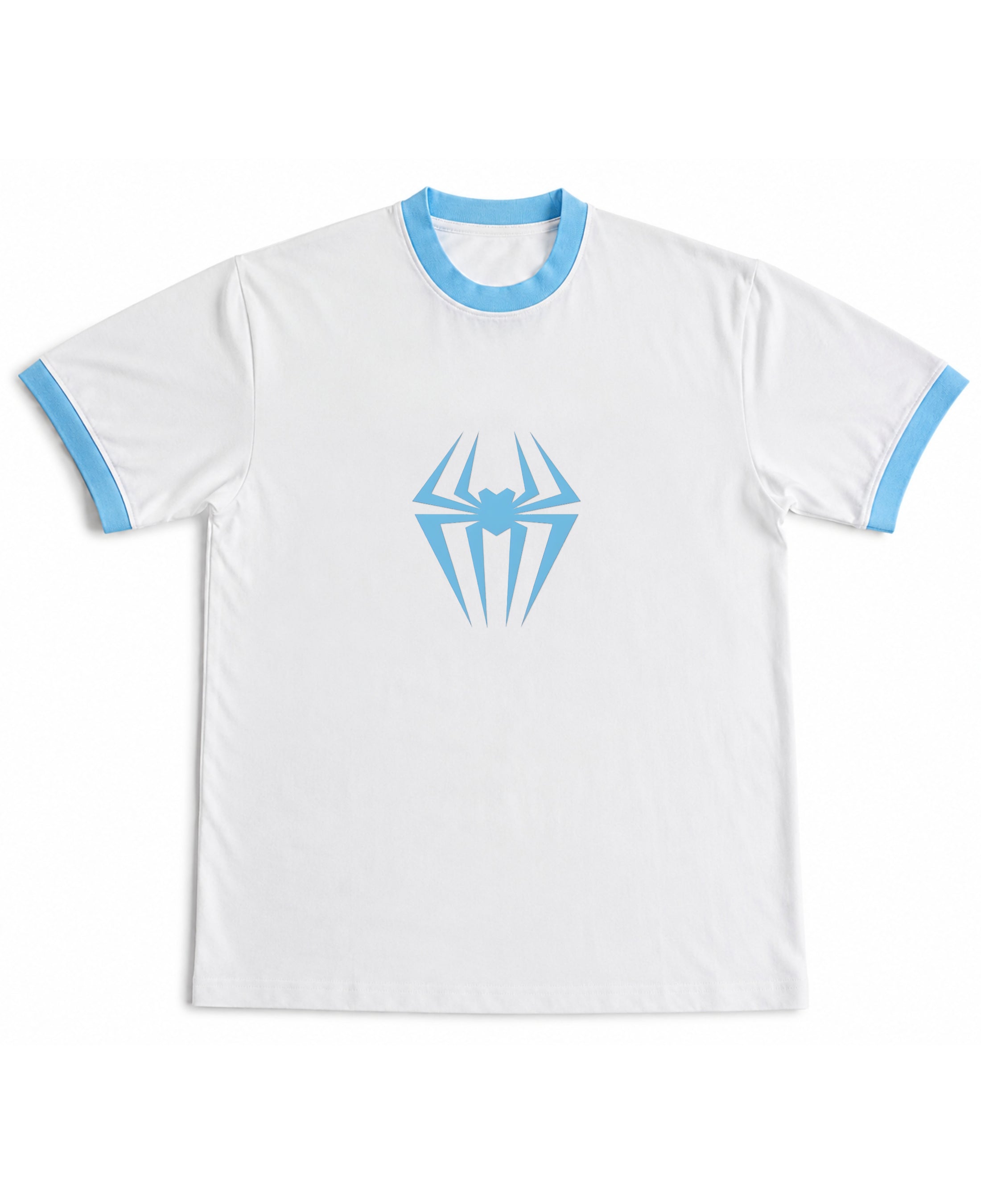 White & Sky Blue Ringer tee Front Design